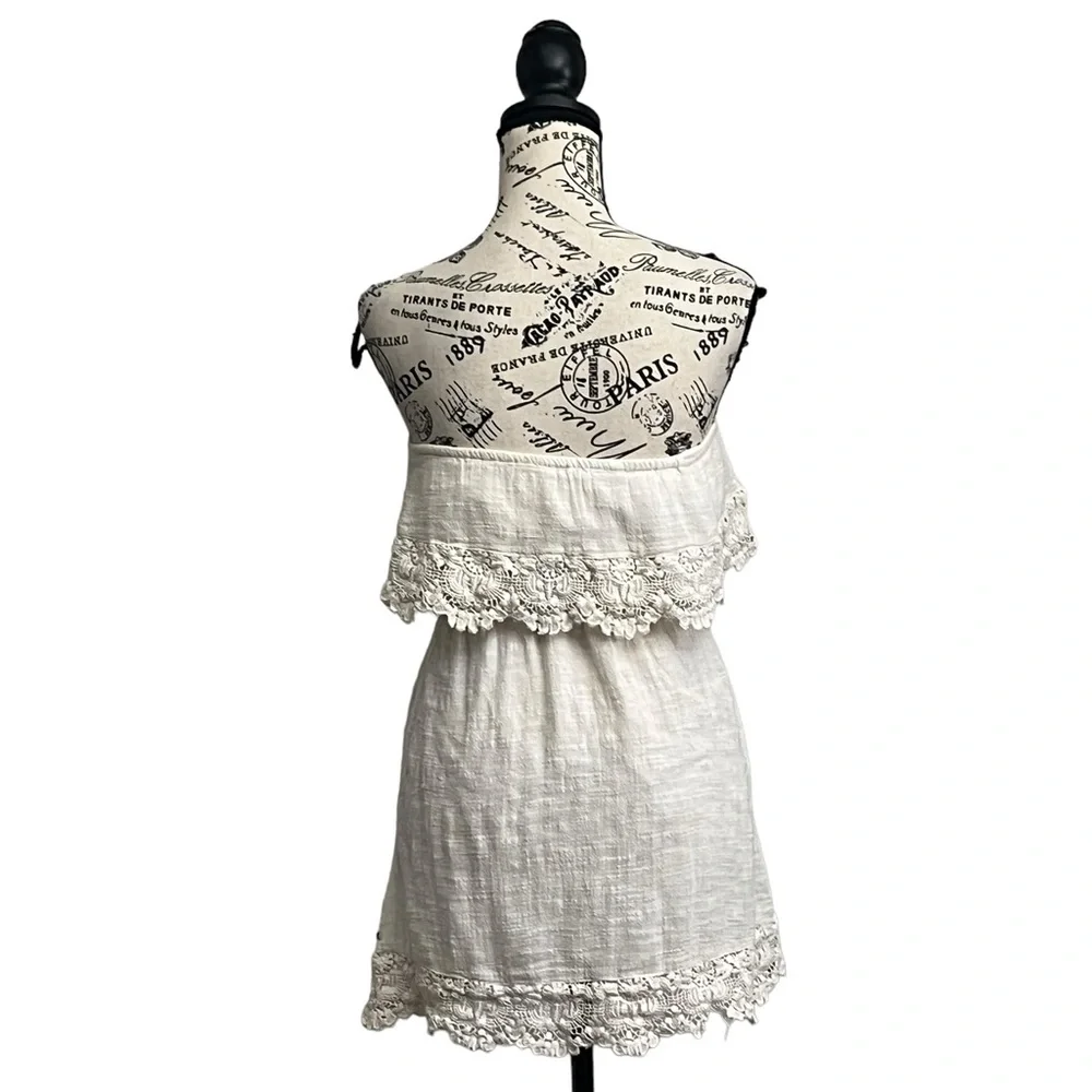 O’Neill Beige Strapless Linen Mini Dress Lace Crochet Boho Peasent Beach S - Picture 4 of 9